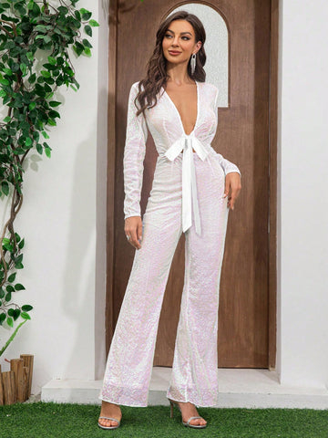 Women's Sequin Long Sleeve Elegant Jumpsuit High Waisted Wide Leg Pants With Streamers Wedding Other Clothes Women's Sequin Long Sleeve Elegant Jumpsuit High Waisted Wide Leg Pants With Streamers Wedding Other Clothes