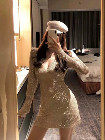 Women's Sequin V-Neck Bodycon Mini Dress, Elegant Party Occasion Gold Cocktail Dress Women's Sequin V-Neck Bodycon Mini Dress, Elegant Party Occasion Gold Cocktail Dress