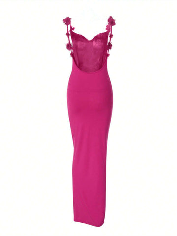 Women's Sexy Backless Strap Studded 3D Floral Form-Fitting Spaghetti Strap Dress Women's Sexy Backless Strap Studded 3D Floral Form-Fitting Spaghetti Strap Dress