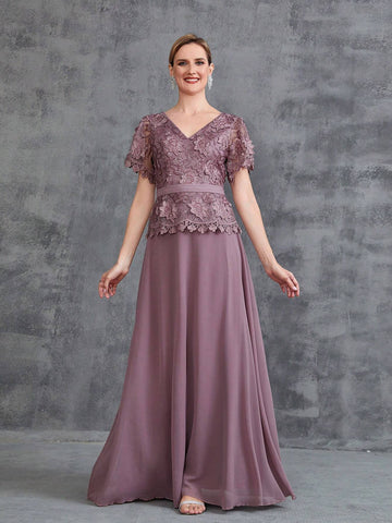 Women's Short Sleeve Floral Applique Splice Chiffon Party Dress Women's Short Sleeve Floral Applique Splice Chiffon Party Dress