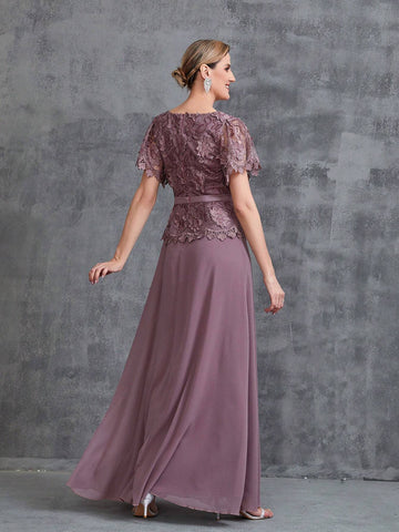 Women's Short Sleeve Floral Applique Splice Chiffon Party Dress Women's Short Sleeve Floral Applique Splice Chiffon Party Dress