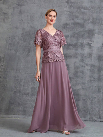 Women's Short Sleeve Floral Applique Splice Chiffon Party Dress Women's Short Sleeve Floral Applique Splice Chiffon Party Dress