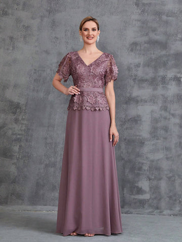 Women's Short Sleeve Floral Applique Splice Chiffon Party Dress Women's Short Sleeve Floral Applique Splice Chiffon Party Dress