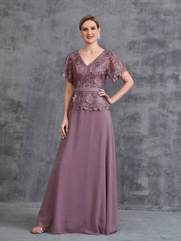 Women's Short Sleeve Floral Applique Splice Chiffon Party Dress Women's Short Sleeve Floral Applique Splice Chiffon Party Dress