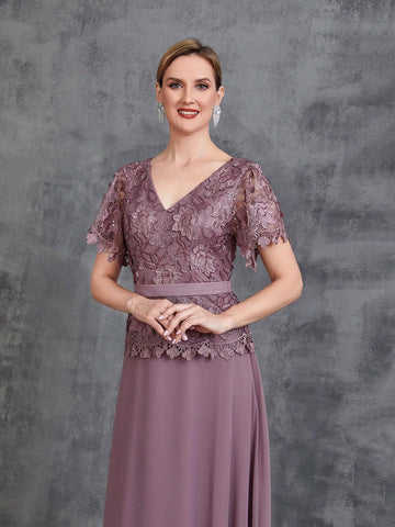 Women's Short Sleeve Floral Applique Splice Chiffon Party Dress Women's Short Sleeve Floral Applique Splice Chiffon Party Dress