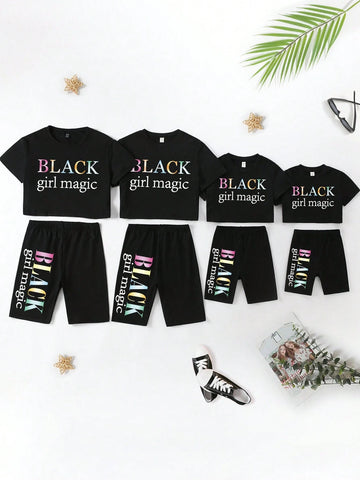Women's Slogan Print Short Sleeve T-Shirt And Cycling Shorts Set Women's Slogan Print Short Sleeve T-Shirt And Cycling Shorts Set