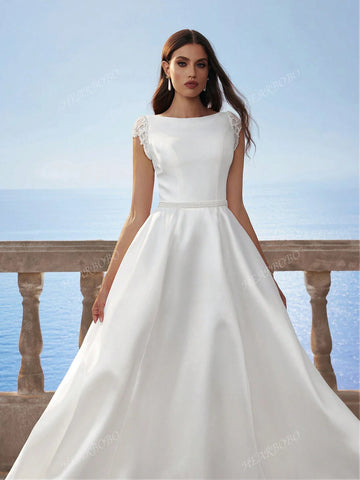 Women's Solid Color Cap-Sleeve Simple Off Shoulder Dress, Satin Elegant Wedding Party Evening Gown, White, Suitable For Formal Event And Everyday Wear Women's Solid Color Cap-Sleeve Simple Off Shoulder Dress, Satin Elegant Wedding Party Evening Gown, White, Suitable For Formal Event And Everyday Wear