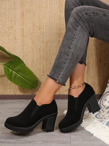 Women's Solid Color Chunky Heel Ankle Boots, Casual Black Leather Upper Anti-Slip Short Boots Women's Solid Color Chunky Heel Ankle Boots, Casual Black Leather Upper Anti-Slip Short Boots