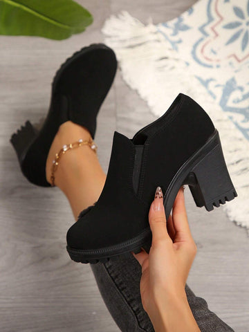 Women's Solid Color Chunky Heel Ankle Boots, Casual Black Leather Upper Anti-Slip Short Boots Women's Solid Color Chunky Heel Ankle Boots, Casual Black Leather Upper Anti-Slip Short Boots