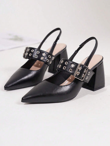 Women's Solid Color Chunky Heel Shoes, Sexy Pointed Toe Shoes, Fashionable Buckle High Heel Shoes Women's Solid Color Chunky Heel Shoes, Sexy Pointed Toe Shoes, Fashionable Buckle High Heel Shoes
