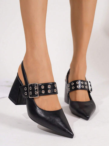 Women's Solid Color Chunky Heel Shoes, Sexy Pointed Toe Shoes, Fashionable Buckle High Heel Shoes Women's Solid Color Chunky Heel Shoes, Sexy Pointed Toe Shoes, Fashionable Buckle High Heel Shoes