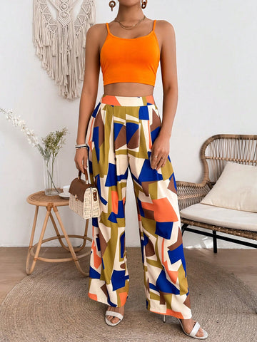 Women's Solid Color Cropped Strappy Camisole Top And Geometric Pattern Long Pants Two Piece Set Women's Solid Color Cropped Strappy Camisole Top And Geometric Pattern Long Pants Two Piece Set