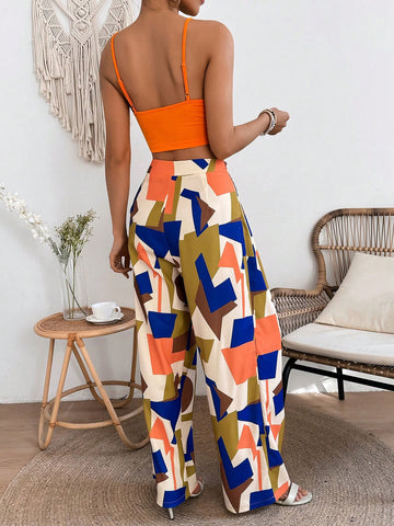 Women's Solid Color Cropped Strappy Camisole Top And Geometric Pattern Long Pants Two Piece Set Women's Solid Color Cropped Strappy Camisole Top And Geometric Pattern Long Pants Two Piece Set