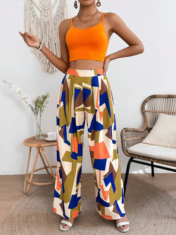 Women's Solid Color Cropped Strappy Camisole Top And Geometric Pattern Long Pants Two Piece Set Women's Solid Color Cropped Strappy Camisole Top And Geometric Pattern Long Pants Two Piece Set
