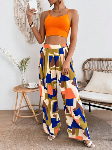 Women's Solid Color Cropped Strappy Camisole Top And Geometric Pattern Long Pants Two Piece Set Women's Solid Color Cropped Strappy Camisole Top And Geometric Pattern Long Pants Two Piece Set