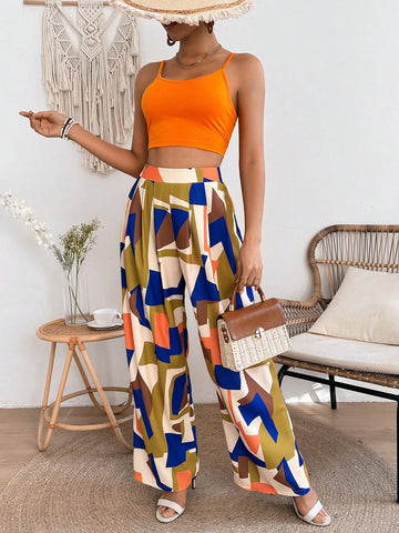 Women's Solid Color Cropped Strappy Camisole Top And Geometric Pattern Long Pants Two Piece Set Women's Solid Color Cropped Strappy Camisole Top And Geometric Pattern Long Pants Two Piece Set