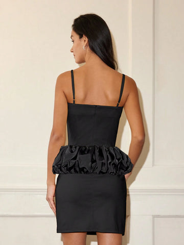 Women's Solid Color Elegant Ruffled Strap Fitted Cocktail Dress Women's Solid Color Elegant Ruffled Strap Fitted Cocktail Dress