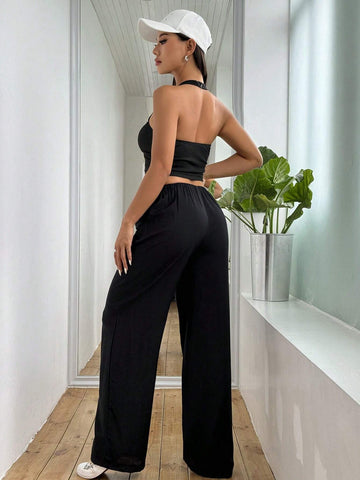 Women's Solid Color Halter Neck Vest And Wide Leg Pants Set Women's Solid Color Halter Neck Vest And Wide Leg Pants Set
