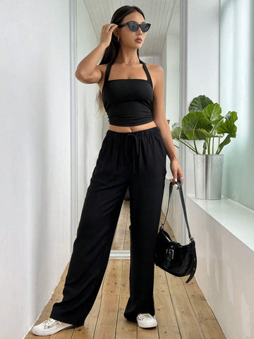 Women's Solid Color Halter Neck Vest And Wide Leg Pants Set Women's Solid Color Halter Neck Vest And Wide Leg Pants Set