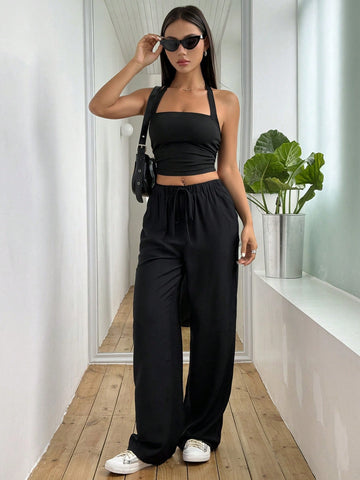 Women's Solid Color Halter Neck Vest And Wide Leg Pants Set Women's Solid Color Halter Neck Vest And Wide Leg Pants Set