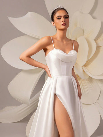 Women's Solid Color Satin Simple Sleeveless Train Bridal Gown Women's Solid Color Satin Simple Sleeveless Train Bridal Gown