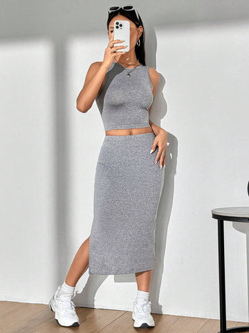 Women's Solid Color Slim Fit Vest And Skirt Set Women's Solid Color Slim Fit Vest And Skirt Set