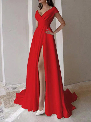 Women's Solid Color V-Neck Wrap-Around Slit-Thigh Cocktail Party Dress Women's Solid Color V-Neck Wrap-Around Slit-Thigh Cocktail Party Dress