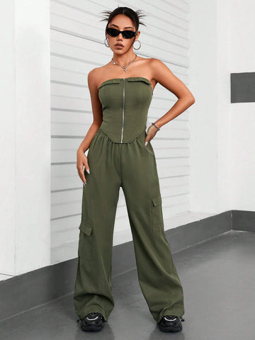 Women's Solid Color Zipper Front Bustier Top And Cargo Pants Set Women's Solid Color Zipper Front Bustier Top And Cargo Pants Set