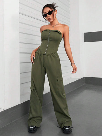 Women's Solid Color Zipper Front Bustier Top And Cargo Pants Set Women's Solid Color Zipper Front Bustier Top And Cargo Pants Set