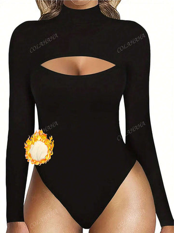 Women's Solid Stand Collar Hollow-Out Long Sleeve Bodysuit With Fleece Lining, Spring & Autumn Women's Solid Stand Collar Hollow-Out Long Sleeve Bodysuit With Fleece Lining, Spring & Autumn