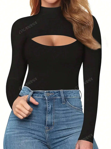 Women's Solid Stand Collar Hollow-Out Long Sleeve Bodysuit With Fleece Lining, Spring & Autumn Women's Solid Stand Collar Hollow-Out Long Sleeve Bodysuit With Fleece Lining, Spring & Autumn