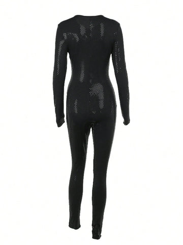 Women's Sparkling Zipper Front Long Sleeve Jumpsuit, Suitable For Formal Party Occasions In Autumn Women's Sparkling Zipper Front Long Sleeve Jumpsuit, Suitable For Formal Party Occasions In Autumn