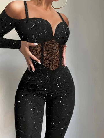 Women's Sparkly Floral Print Lace Panel Off Shoulder Long Sleeve Jumpsuit Women's Sparkly Floral Print Lace Panel Off Shoulder Long Sleeve Jumpsuit