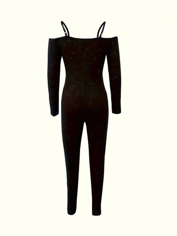 Women's Sparkly Floral Print Lace Panel Off Shoulder Long Sleeve Jumpsuit Women's Sparkly Floral Print Lace Panel Off Shoulder Long Sleeve Jumpsuit