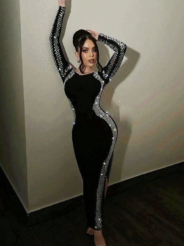 Women's Sparkly Rhinestone Embellished Long Sleeve Backless Side Slit Party Dress Women's Sparkly Rhinestone Embellished Long Sleeve Backless Side Slit Party Dress