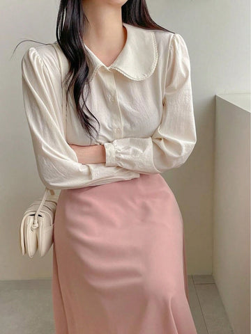 Women's Spring/Summer New Lace Trim Round Collar Blouse Women's Spring/Summer New Lace Trim Round Collar Blouse