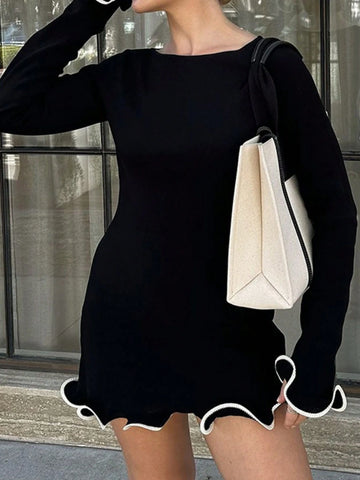 Women's Spring Contrast Color Wave Hem A-Line Long Sleeve Knitted Dress Women's Spring Contrast Color Wave Hem A-Line Long Sleeve Knitted Dress