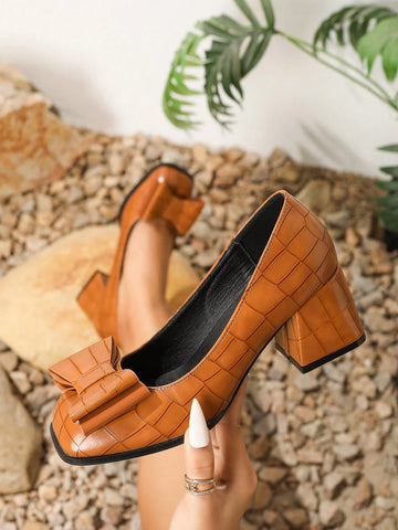 Women's Square Toe High Heel Shoes, 2024 Spring & Autumn New Bowknot Design Comfortable Women's Square Toe High Heel Shoes, 2024 Spring & Autumn New Bowknot Design Comfortable