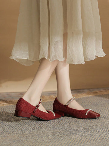 Women's Square Toe Spliced Mary Jane Shoes, Yarn, Buckle Closure, Shallow Mouth, Women's Square Toe Spliced Mary Jane Shoes, Yarn, Buckle Closure, Shallow Mouth,