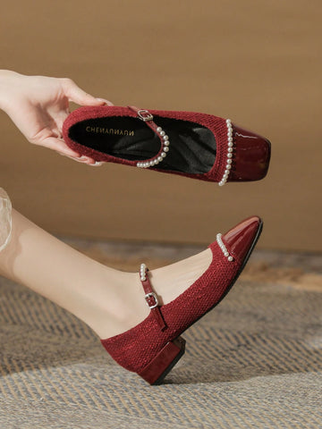 Women's Square Toe Spliced Mary Jane Shoes, Yarn, Buckle Closure, Shallow Mouth, Women's Square Toe Spliced Mary Jane Shoes, Yarn, Buckle Closure, Shallow Mouth,