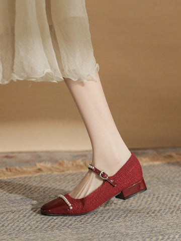 Women's Square Toe Spliced Mary Jane Shoes, Yarn, Buckle Closure, Shallow Mouth, Women's Square Toe Spliced Mary Jane Shoes, Yarn, Buckle Closure, Shallow Mouth,