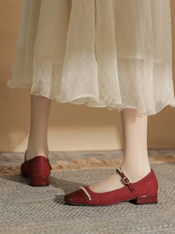 Women's Square Toe Spliced Mary Jane Shoes, Yarn, Buckle Closure, Shallow Mouth, Women's Square Toe Spliced Mary Jane Shoes, Yarn, Buckle Closure, Shallow Mouth,