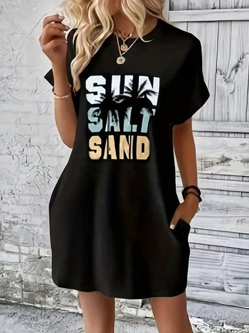 Women's Summer Casual Long Tunic Dress, 100% Polyester Knit Fabric, Geometric Pattern Round Neck, Lightweight, Fashionable Short Sleeve Top, Suitable For Adults Women's Summer Casual Long Tunic Dress, 100% Polyester Knit Fabric, Geometric Pattern Round Neck, Lightweight, Fashionable Short Sleeve Top, Suitable For Adults