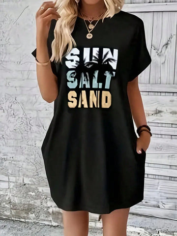 Women's Summer Casual Long Tunic Dress, 100% Polyester Knit Fabric, Geometric Pattern Round Neck, Lightweight, Fashionable Short Sleeve Top, Suitable For Adults Women's Summer Casual Long Tunic Dress, 100% Polyester Knit Fabric, Geometric Pattern Round Neck, Lightweight, Fashionable Short Sleeve Top, Suitable For Adults