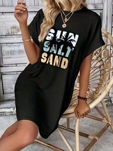 Women's Summer Casual Long Tunic Dress, 100% Polyester Knit Fabric, Geometric Pattern Round Neck, Lightweight, Fashionable Short Sleeve Top, Suitable For Adults Women's Summer Casual Long Tunic Dress, 100% Polyester Knit Fabric, Geometric Pattern Round Neck, Lightweight, Fashionable Short Sleeve Top, Suitable For Adults