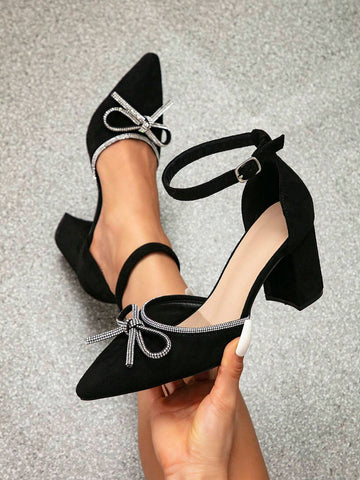 Women's Unique Butterfly Crystal Embellished Thick Heel Sandals With Pointed Toe, Retro Black Color Women's Unique Butterfly Crystal Embellished Thick Heel Sandals With Pointed Toe, Retro Black Color