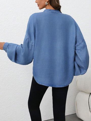 Women's V-Neck Drop Shoulder Long Sleeve Casual Loose Fit Blouse Top, For Autumn Women's V-Neck Drop Shoulder Long Sleeve Casual Loose Fit Blouse Top, For Autumn