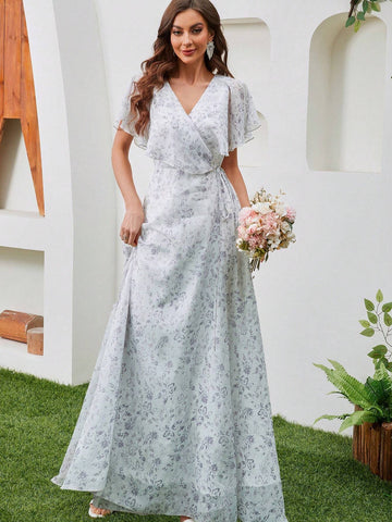 Women's V-Neck Short Sleeve Floral Print Chiffon Dress With Cinching Waist, Perfect For Prom, Evening Party, Bridesmaid Women's V-Neck Short Sleeve Floral Print Chiffon Dress With Cinching Waist, Perfect For Prom, Evening Party, Bridesmaid