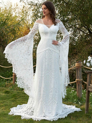 Women's Wedding Dresses Boho For Bride With Long Sleeves Plus Size Lace Beach Bridal Gowns Bohemian Wedding Gowns Women's Wedding Dresses Boho For Bride With Long Sleeves Plus Size Lace Beach Bridal Gowns Bohemian Wedding Gowns
