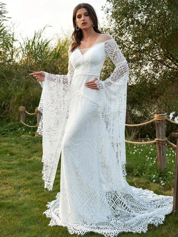 Women's Wedding Dresses Boho For Bride With Long Sleeves Plus Size Lace Beach Bridal Gowns Bohemian Wedding Gowns Women's Wedding Dresses Boho For Bride With Long Sleeves Plus Size Lace Beach Bridal Gowns Bohemian Wedding Gowns